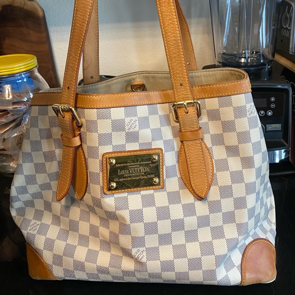 Vintage white blue monogram Louis Vuitton shoulder bag caramel leather